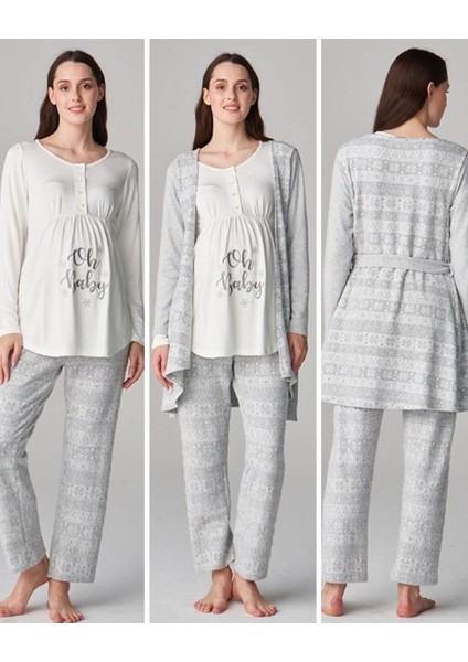 Pijama 4657 Gri 3lü Hamile Lohusa Pijama Sabahlık Tk modelleri