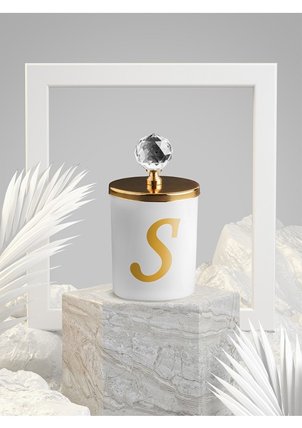 S Harfli Kokulu Beyaz Bardak Mum Gold Kristal Tepelikli