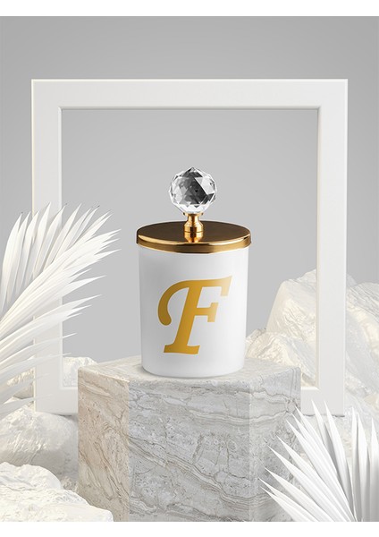 F Harfli Kokulu Beyaz Bardak Mum Gold Kristal Tepelikli