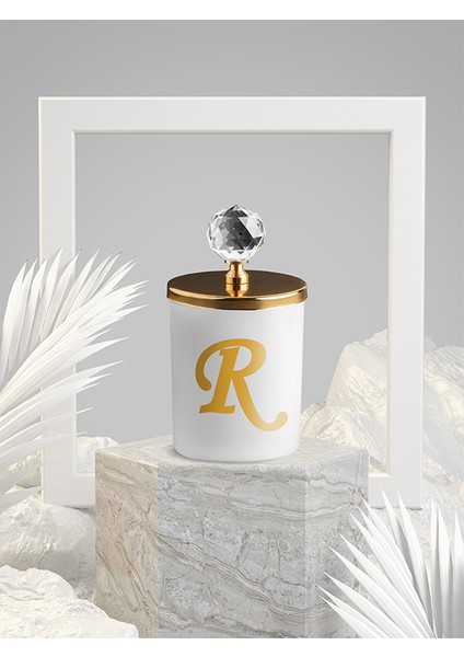 R Harfli Kokulu Beyaz Bardak Mum Gold Kristal Tepelikli