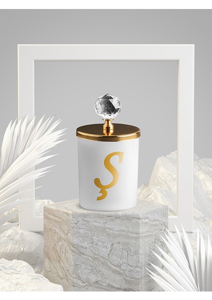 Ş Harfli Kokulu Beyaz Bardak Mum Gold Kristal Tepelikli
