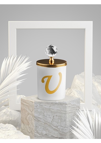 U Harfli Beyaz Kokulu Bardak Mum Gold Kristal Tepelikli