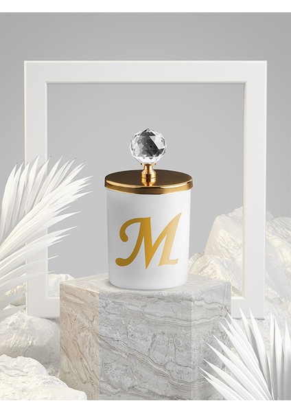 M Harfli Kokulu Beyaz Bardak Mum Gold Kristal Tepelikli