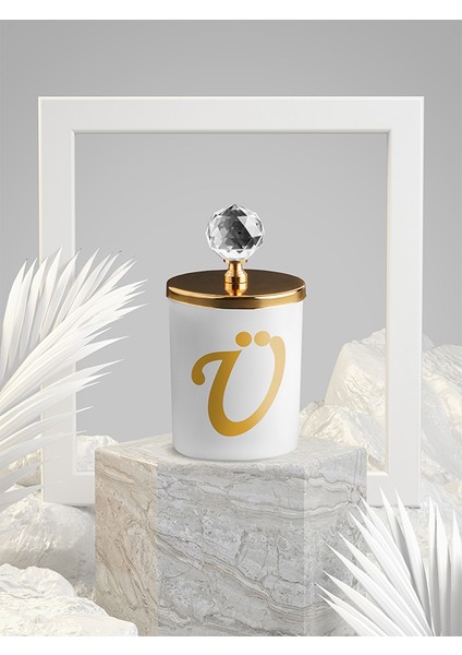 Ü Harfli Kokulu Beyaz Bardak Mum Gold Kristal Tepelikli