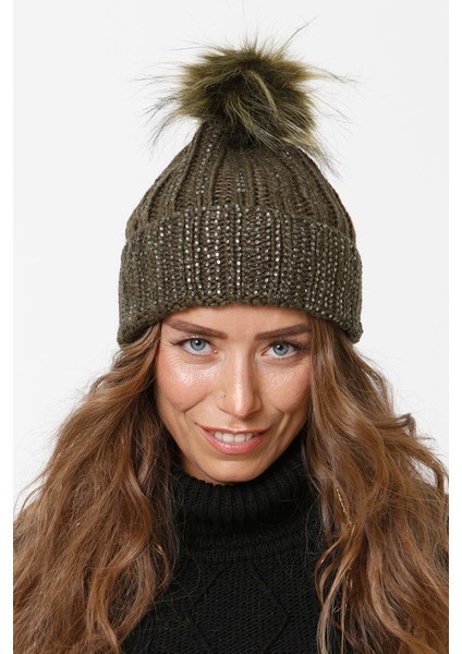 Taşlı Katlamalı Örgülü Bere Ponponlu Kadın Kışlık Renkli Örgü Şapka