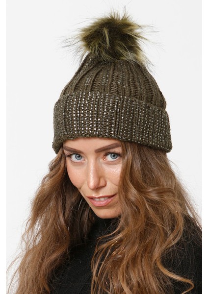 Taşlı Katlamalı Örgülü Bere Ponponlu Kadın Kışlık Renkli Örgü Şapka fiyatları