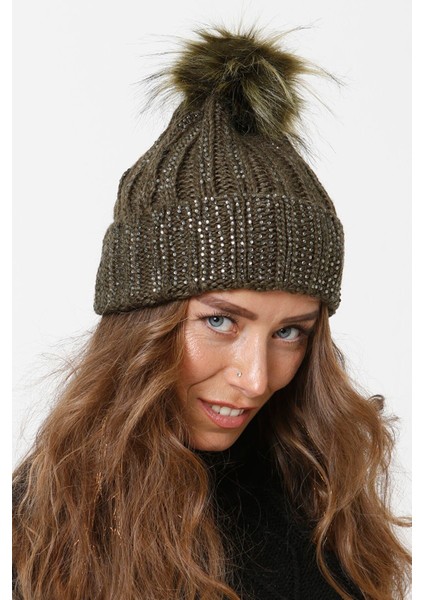 Taşlı Katlamalı Örgülü Bere Ponponlu Kadın Kışlık Renkli Örgü Şapka modelleri