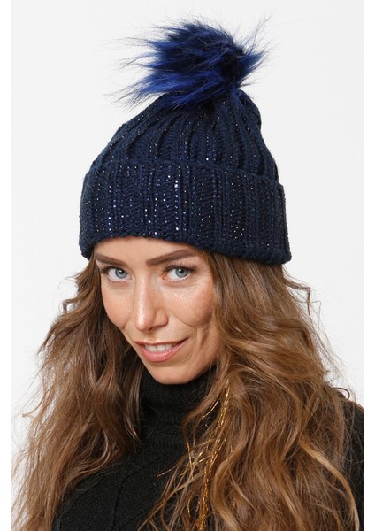 Taşlı Katlamalı Örgülü Bere Ponponlu Kadın Kışlık Renkli Örgü Şapka