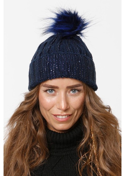 Taşlı Katlamalı Örgülü Bere Ponponlu Kadın Kışlık Renkli Örgü Şapka modelleri