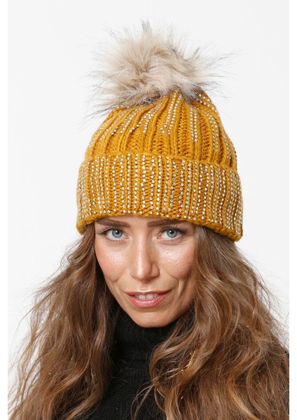 Taşlı Katlamalı Örgülü Bere Ponponlu Kadın Kışlık Renkli Örgü Şapka