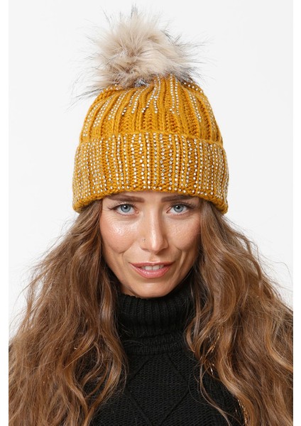 Taşlı Katlamalı Örgülü Bere Ponponlu Kadın Kışlık Renkli Örgü Şapka fiyatları