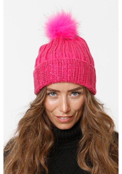 Taşlı Katlamalı Örgülü Bere Ponponlu Kadın Kışlık Renkli Örgü Şapka