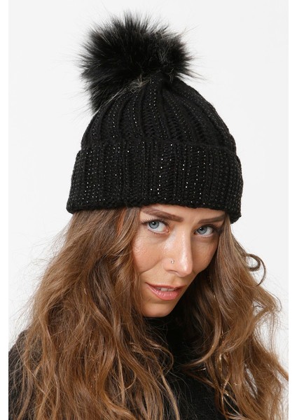 Taşlı Katlamalı Örgülü Bere Ponponlu Kadın Kışlık Renkli Örgü Şapka