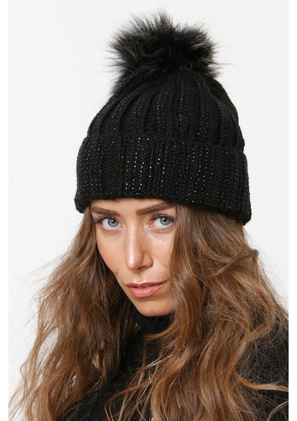 Taşlı Katlamalı Örgülü Bere Ponponlu Kadın Kışlık Renkli Örgü Şapka fiyatları