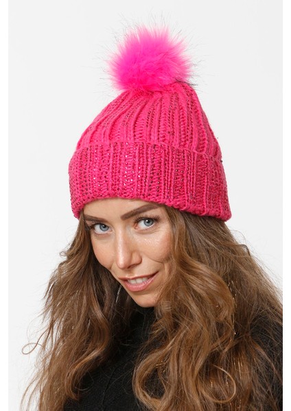 Taşlı Katlamalı Örgülü Bere Ponponlu Kadın Kışlık Renkli Örgü Şapka modelleri