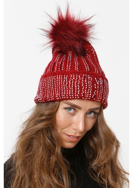 Taşlı Katlamalı Örgülü Bere Ponponlu Kadın Kışlık Renkli Örgü Şapka
