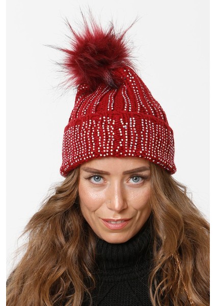 Taşlı Katlamalı Örgülü Bere Ponponlu Kadın Kışlık Renkli Örgü Şapka fiyatları