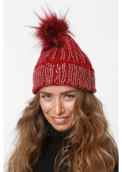 Taşlı Katlamalı Örgülü Bere Ponponlu Kadın Kışlık Renkli Örgü Şapka modelleri