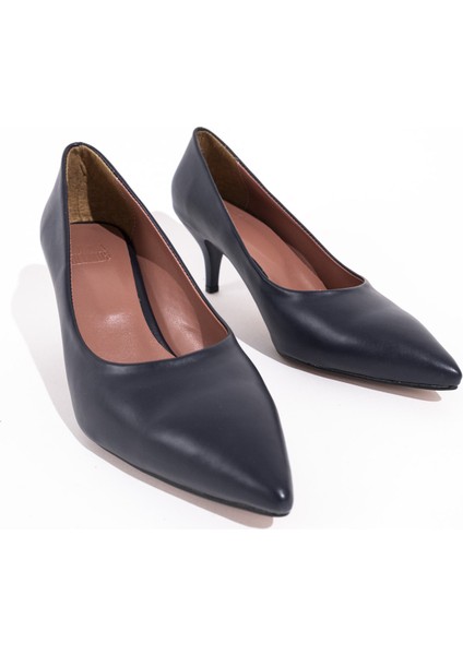 Lacivert Kısa Topuklu Stiletto Ayakkabı - Candy