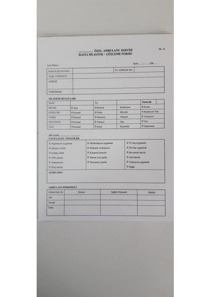 Özel Ambulans Servisi Hasta Muayene Gözleme Formu