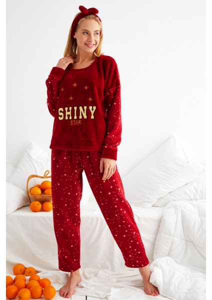 Kışlık Polar Yılbaşı Kadın Pijama Takımı- Saç Bandı Hediyeli