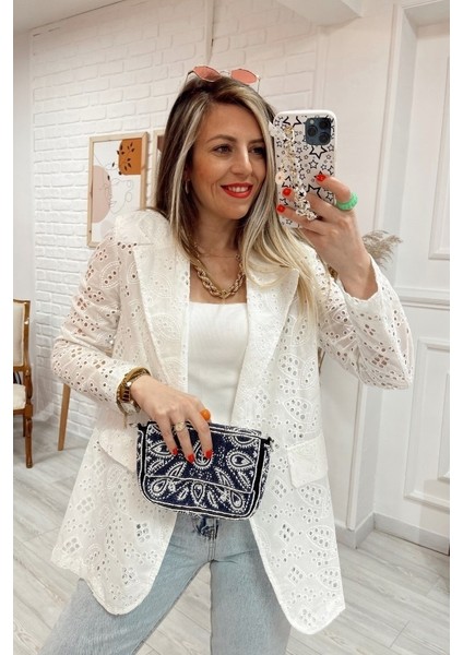 Kadın Güpürlü Ekru Blazer Yazlık Ceket Güpür