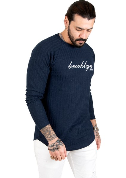 DeepSEA Lacivert Eteği Oval Kesim Bisiklet Yaka Önü Yazı Baskılı Triko Erkek Sweatshirt 1808072