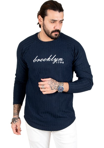 DeepSEA Lacivert Eteği Oval Kesim Bisiklet Yaka Önü Yazı Baskılı Triko Erkek Sweatshirt 1808072