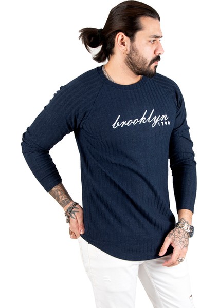 DeepSEA Lacivert Eteği Oval Kesim Bisiklet Yaka Önü Yazı Baskılı Triko Erkek Sweatshirt 1808072