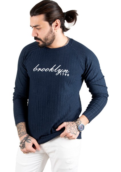 DeepSEA Lacivert Eteği Oval Kesim Bisiklet Yaka Önü Yazı Baskılı Triko Erkek Sweatshirt 1808072