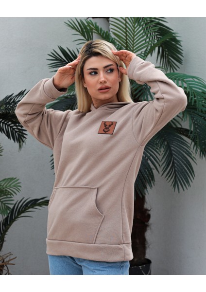 Awcıı Store Kadın Oversize Hayvan Figürlü Bej Kapüşonlu Sweatshirt