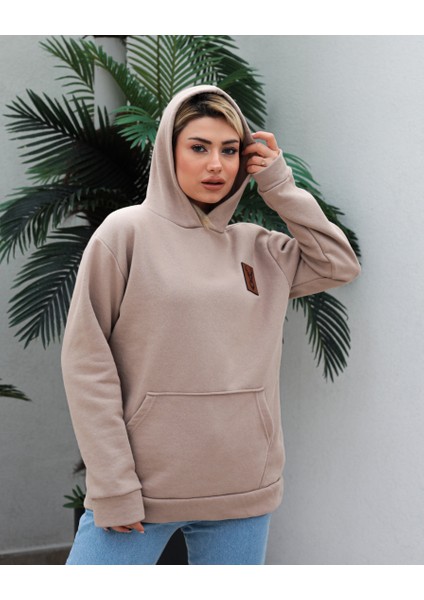 Awcıı Store Kadın Oversize Hayvan Figürlü Bej Kapüşonlu Sweatshirt