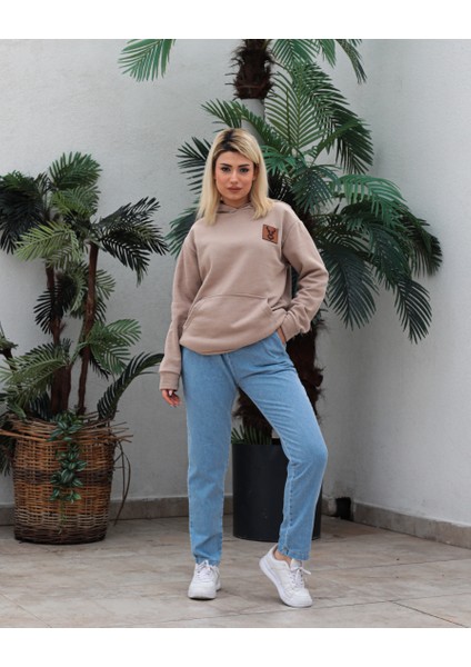 Awcıı Store Kadın Oversize Hayvan Figürlü Bej Kapüşonlu Sweatshirt