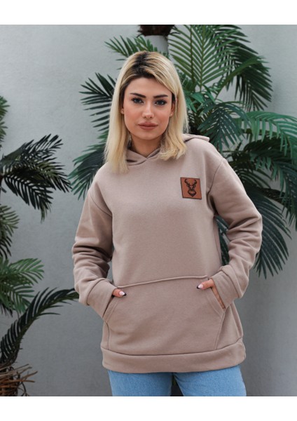 Awcıı Store Kadın Oversize Hayvan Figürlü Bej Kapüşonlu Sweatshirt