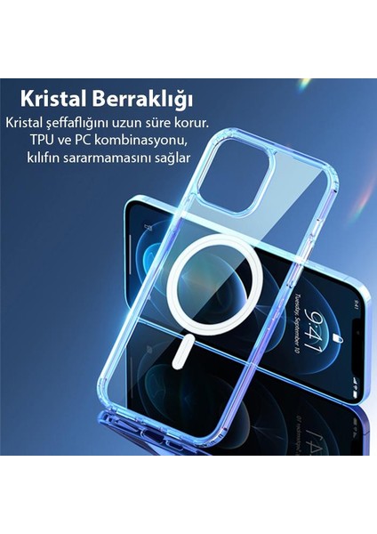 Polham iPhone 14 6.1 Magsafe Manyetik Şeffaf Silikon Kılıf, Darbe Emici, Sararmaz, Tpu+Pc Kılıf