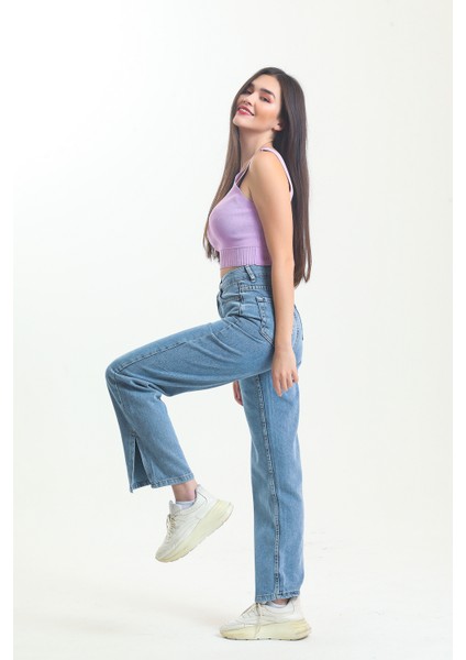 Açık Mavi Taş Yıkama Bol Paça Yırtık Wide Leg Jean Kot Pantolon