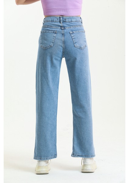 Açık Mavi Taş Yıkama Bol Paça Yırtık Wide Leg Jean Kot Pantolon fırsatları