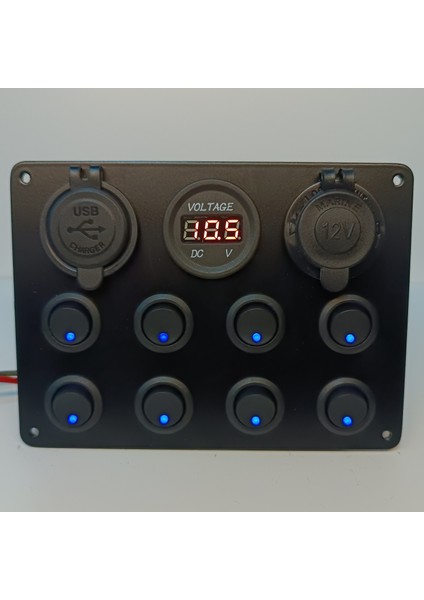 HT Marin Switch Panel 8'li Usb, Çakmaklık, Voltmetre, Kırmızı Işıklı Sigortalı