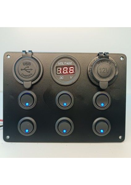 HT Marin Switch Panel 6'li Usb, Çakmaklık, Voltmetre, Mavi Işıklı Sigortalı