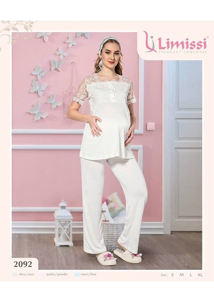 2092 Mavi Hamile Lohusa Yeni Sezon Dantellilohusa Pijama modelleri