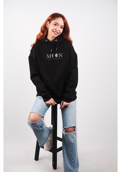 Canada Moon Baskılı Unisex Oversize Hoodie Siyah