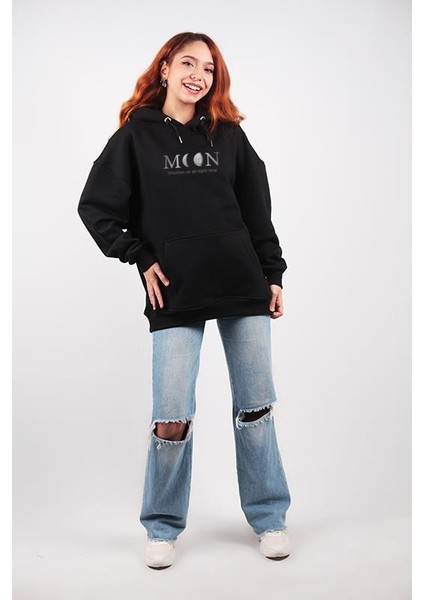 Canada Moon Baskılı Unisex Oversize Hoodie Siyah fiyatları
