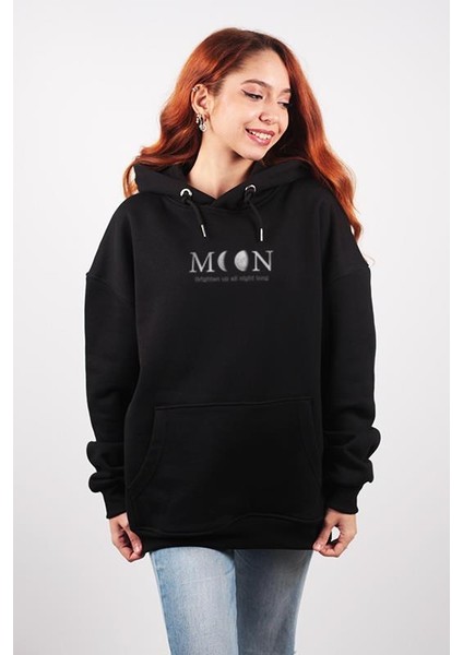 Canada Moon Baskılı Unisex Oversize Hoodie Siyah modelleri