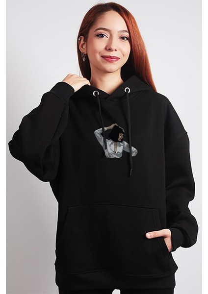 Unisex Oversize Hoodie Mia Wallace Siyah Kapüşonlu Sweatshirt