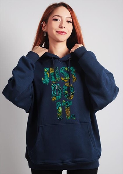 Unisex Oversize Hoodie Just Do Lacivert Kapüşonlu Sweatshirt