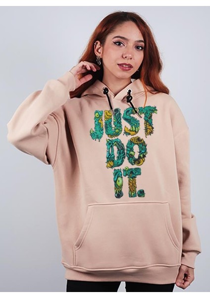 Unisex Oversize Hoodie Just Do Taş Rengi Kapüşonlu Sweatshirt