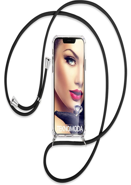Samsung Galaxy A13 Kılıf Boyun - Omuz Askılı Köşe Korumalı Siyah iPli Kordonlu Anti Şok Şeffaf Silikon