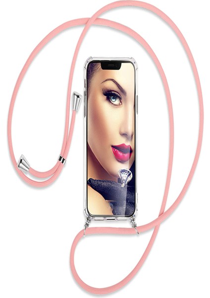 Samsung Galaxy A13 Kılıf Boyun - Omuz Askılı Köşe Korumalı Pembe iPli Kordonlu Anti Şok Şeffaf Silikon