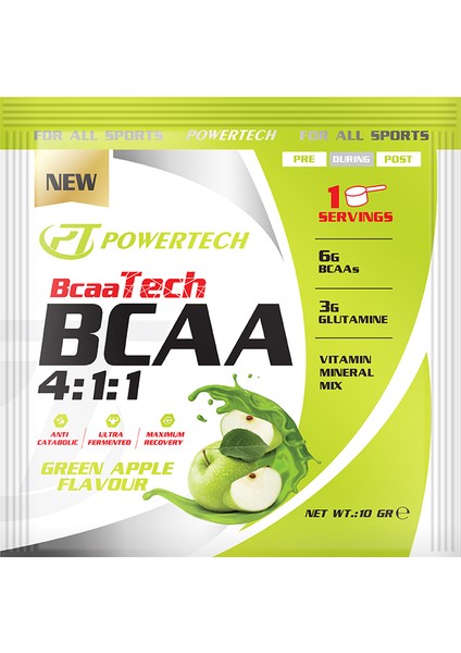 Powertech Bcaatech Bcaa 4.1.1 10 gr x 20 Sachets Yeşil Elma Aromalı