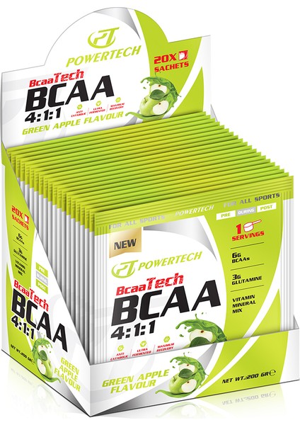 Powertech Bcaatech Bcaa 4.1.1 10 gr x 20 Sachets Yeşil Elma Aromalı